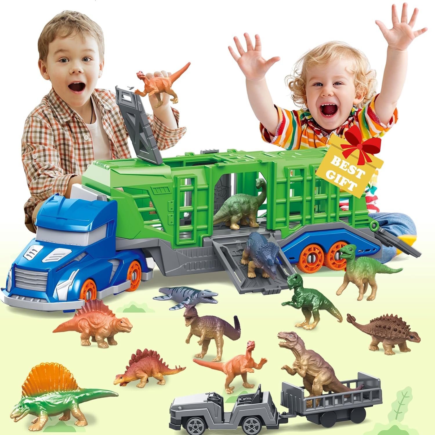 Sandbox Play Set - 恐竜動物輸送車両おもちゃセットには、輸送車両1台、恐竜または動物12体、小型輸送車両2台が含まれます。 輸送車両には回転式キャブと4つの開閉可能なドアが備えています。 3歳以上の子供に適しており、想像力を刺激し、実践的なスキルを養います。 クリスマス、ハロウィン、感謝祭、誕生日に最適な贈り物です。