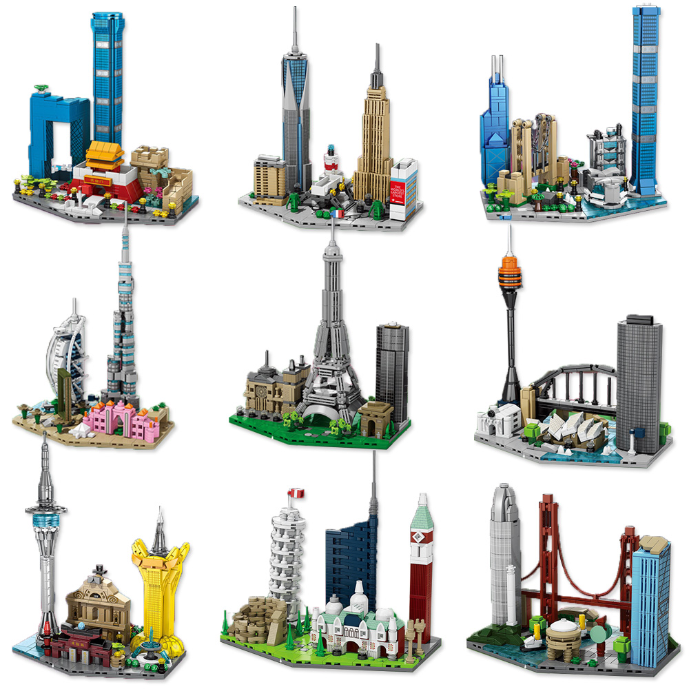 Kids Toys Dubai - 有名な都市スカイラインビルディングブロックイタリアオーストラリアニューヨークドバイ北京フィギュアモデル組み立てミニレンガのおもちゃ子供のためのギフト