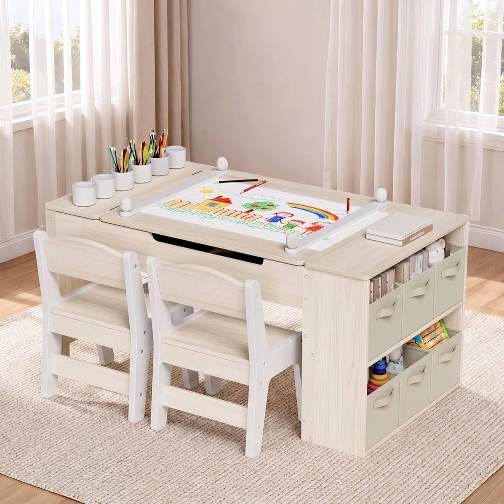 Kids Art Easel - キッズアートテーブルと椅子セット、幼児用クレートデスク（イーゼル付き） | 頑丈な木製アクティビティテーブル、大型ディンテーブルトップ、ペイントカップ、取り外し可能付き