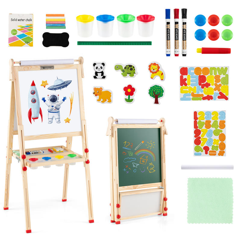 Kids Art Easel - 3-in-1両面折りたたみ式木製子供用アートイーゼル（ペーパーロール付き）