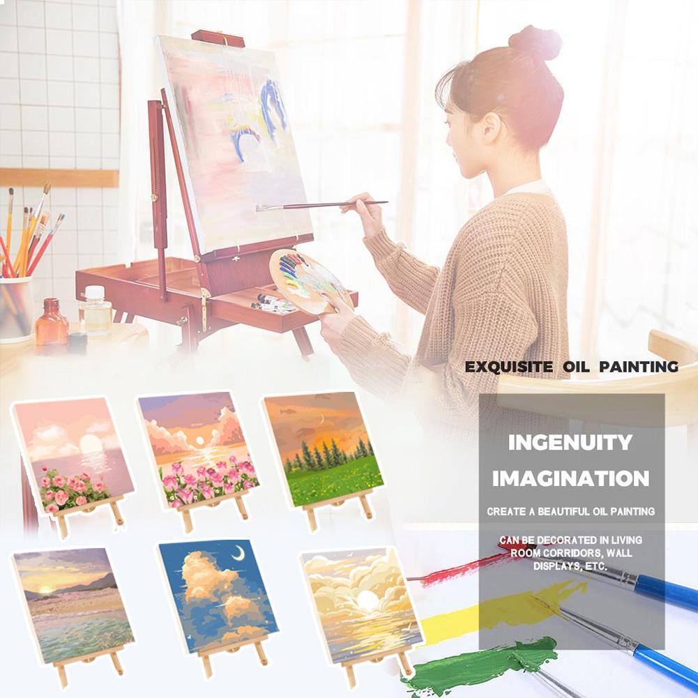 Kids Art Easel - 大人と子供のためのDIYペイントバイナンバーズキット、6種類の風景油絵セット（ミニイーゼル、ブラシ付き）、数字で描くアートクラフト